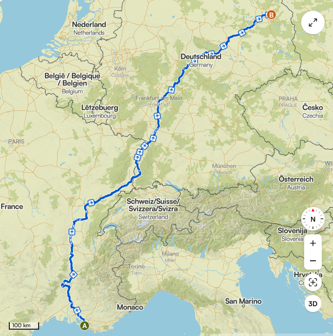 Carte du trajet European Odyssey 2027